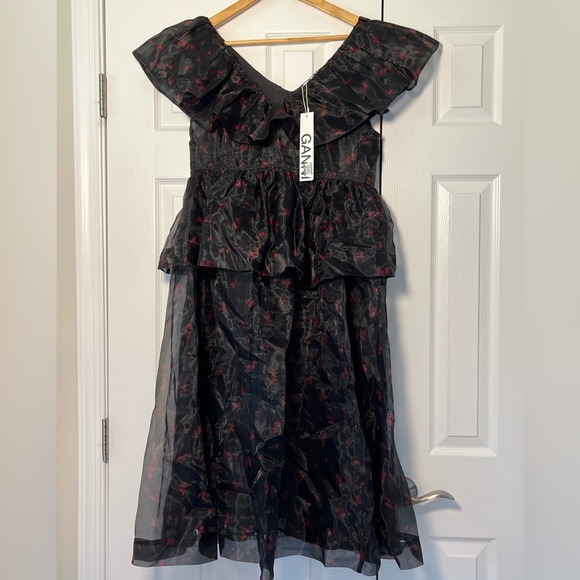 NWT ⭐️ GANNI Ruffled Organza Peplum Midi Dress Black US 4 - Picture 3 of 12